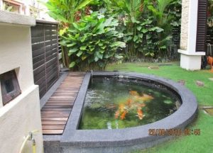 kolam ikan minimalis depan rumah kombinasi batu alam